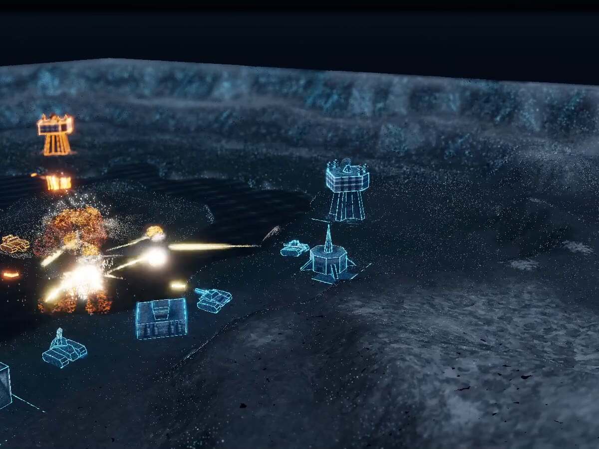 Wide establishing shot: the crater and canyon wall at scale, allied structures on the right bank, combat in the distance