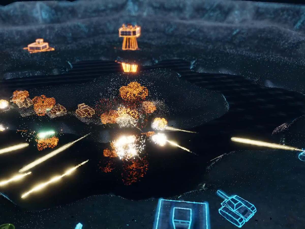Active combat reflected in the water: tracer fire, explosions with smoke and sparks, both team colours