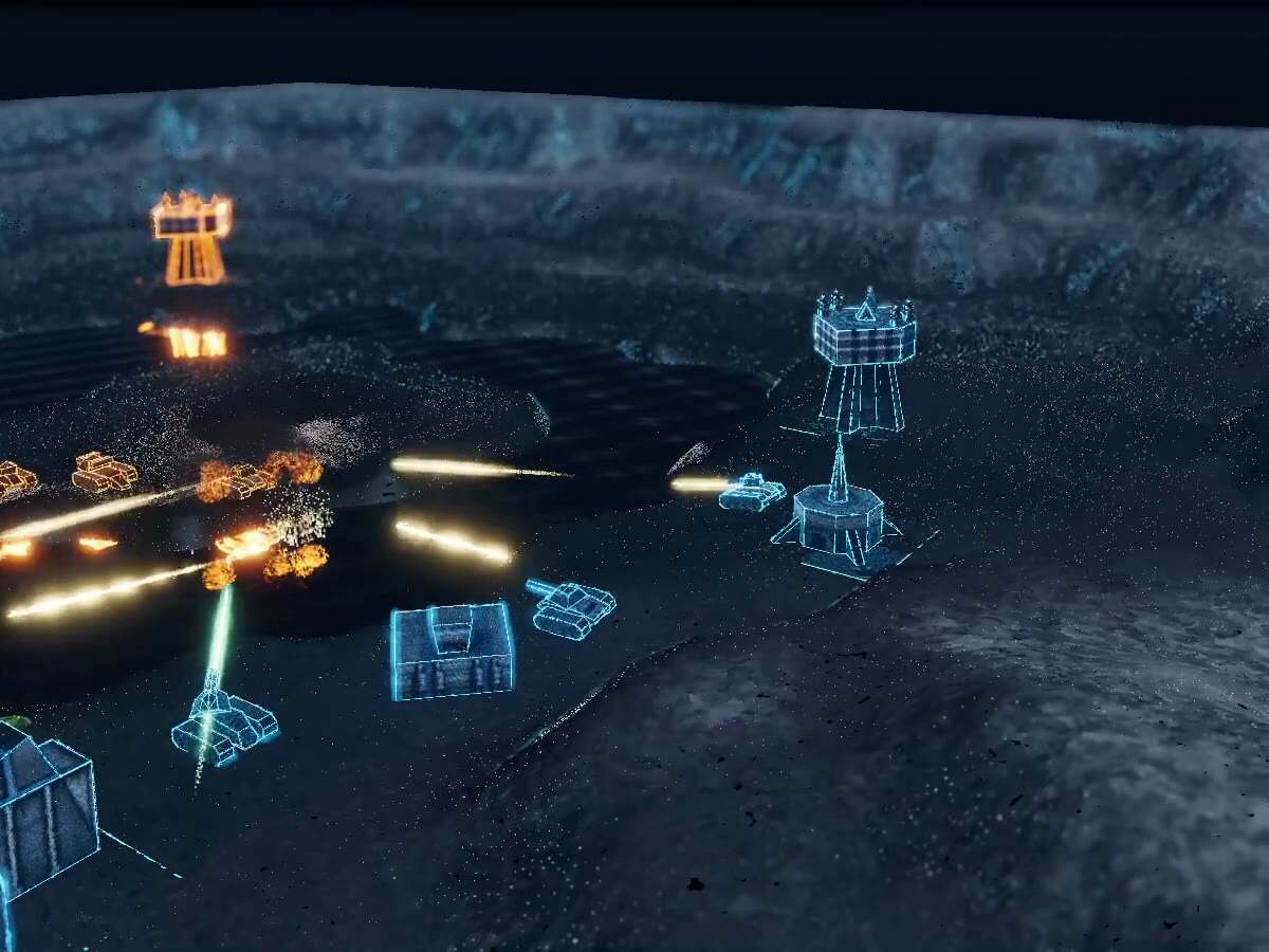 Wide shot of an allied base with an oil derrick, mountains behind, and combat continuing in the distance